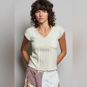 POL V-Neck Lightweight Textured Short Sleeve Knit Top with Lace Trim🆕